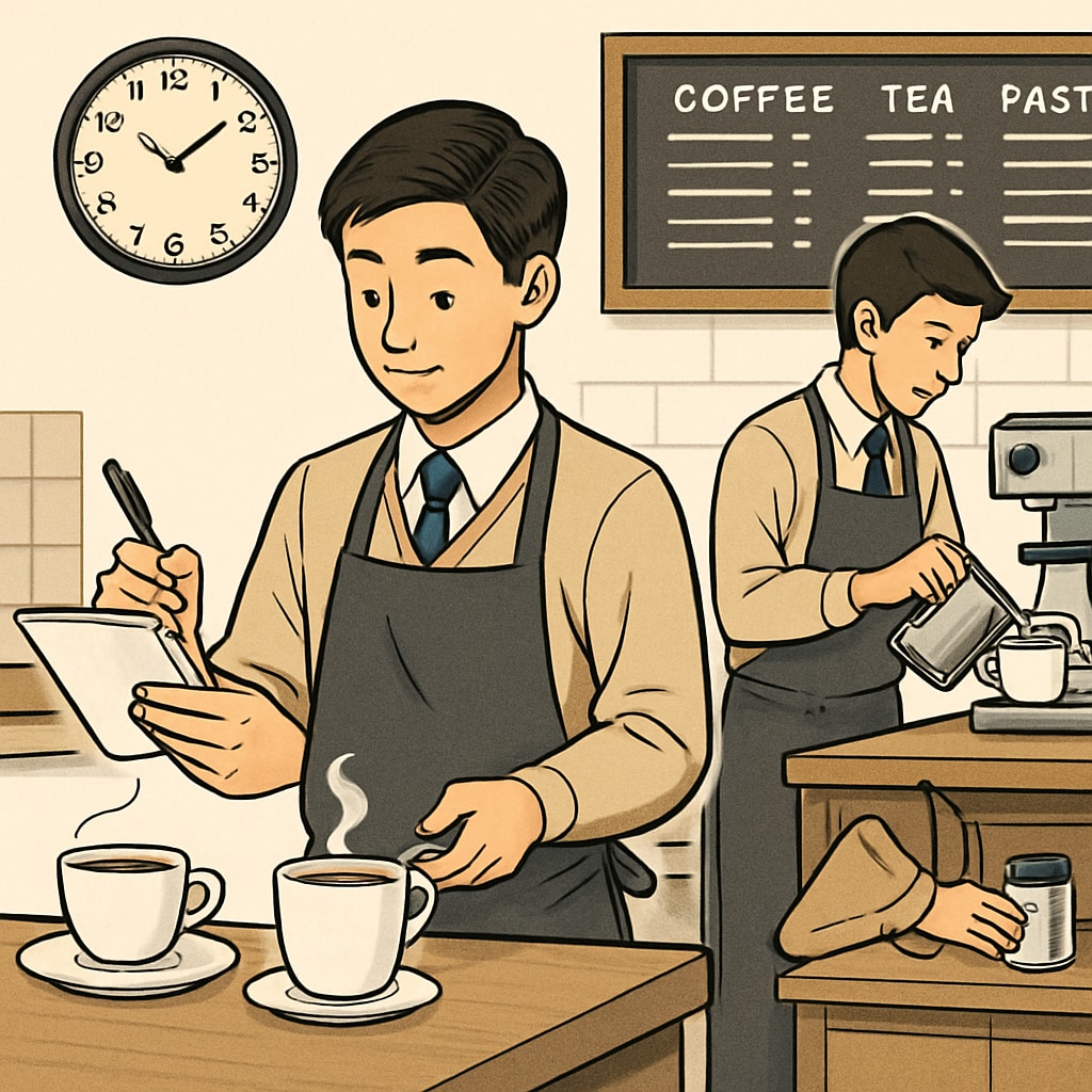 A high school student working part-time at a cafe, demonstrating time management and multitasking skills. A high school student working part-time at a cafe, balancing work and academics.