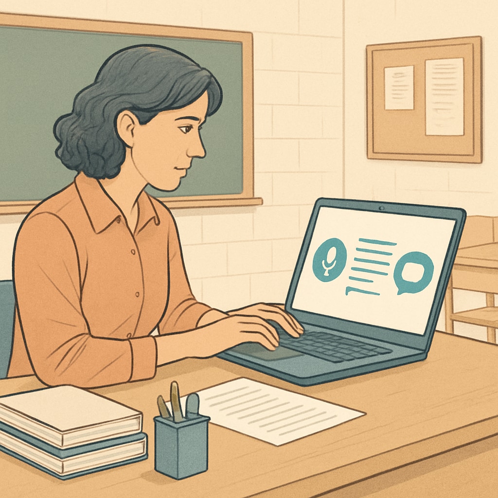 A teacher reviewing automatically transcribed feedback for a student report on their laptop, with icons of speech-to-text technology displayed on the screen. Teacher providing feedback using WillowVoice speech-to-text technology.