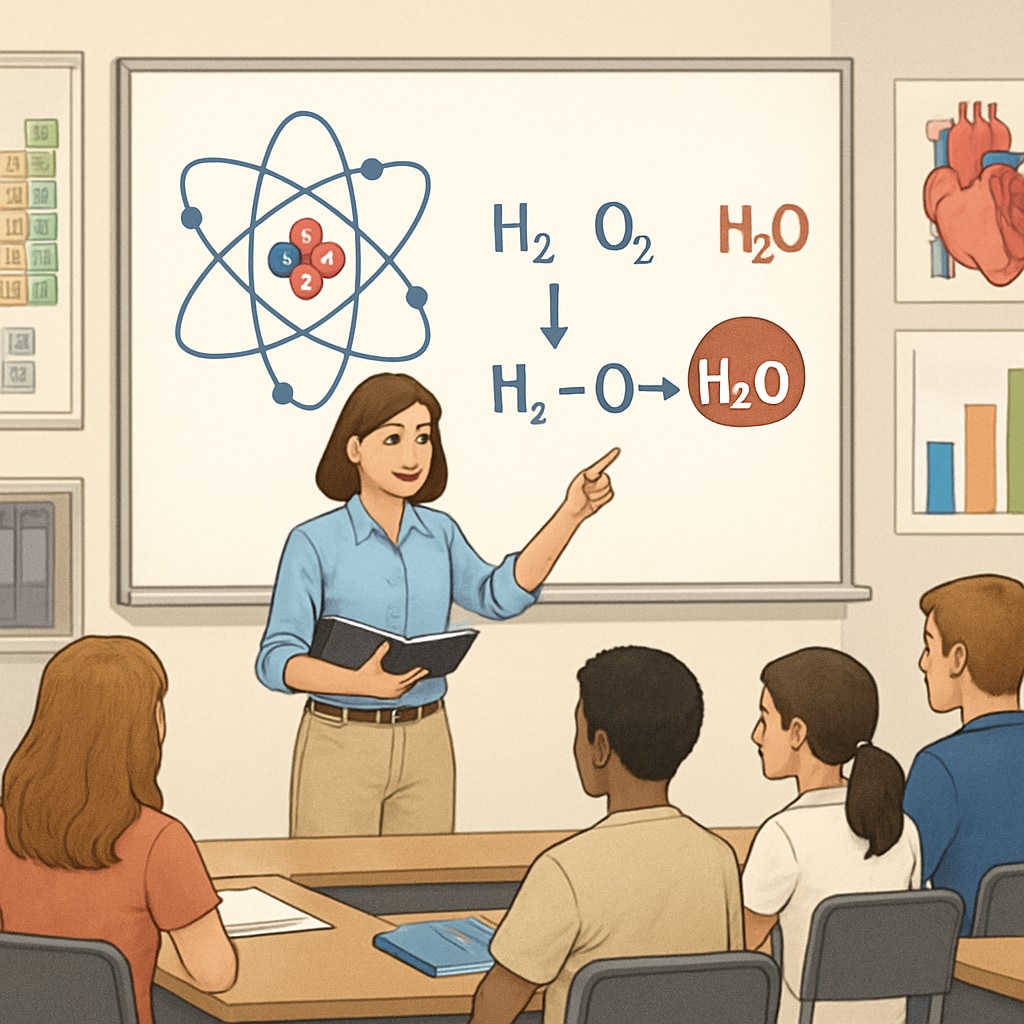A high school science classroom where a teacher explains a concept using visual aids to support English learners. High school teacher using visual aids to support English learners in science teaching.