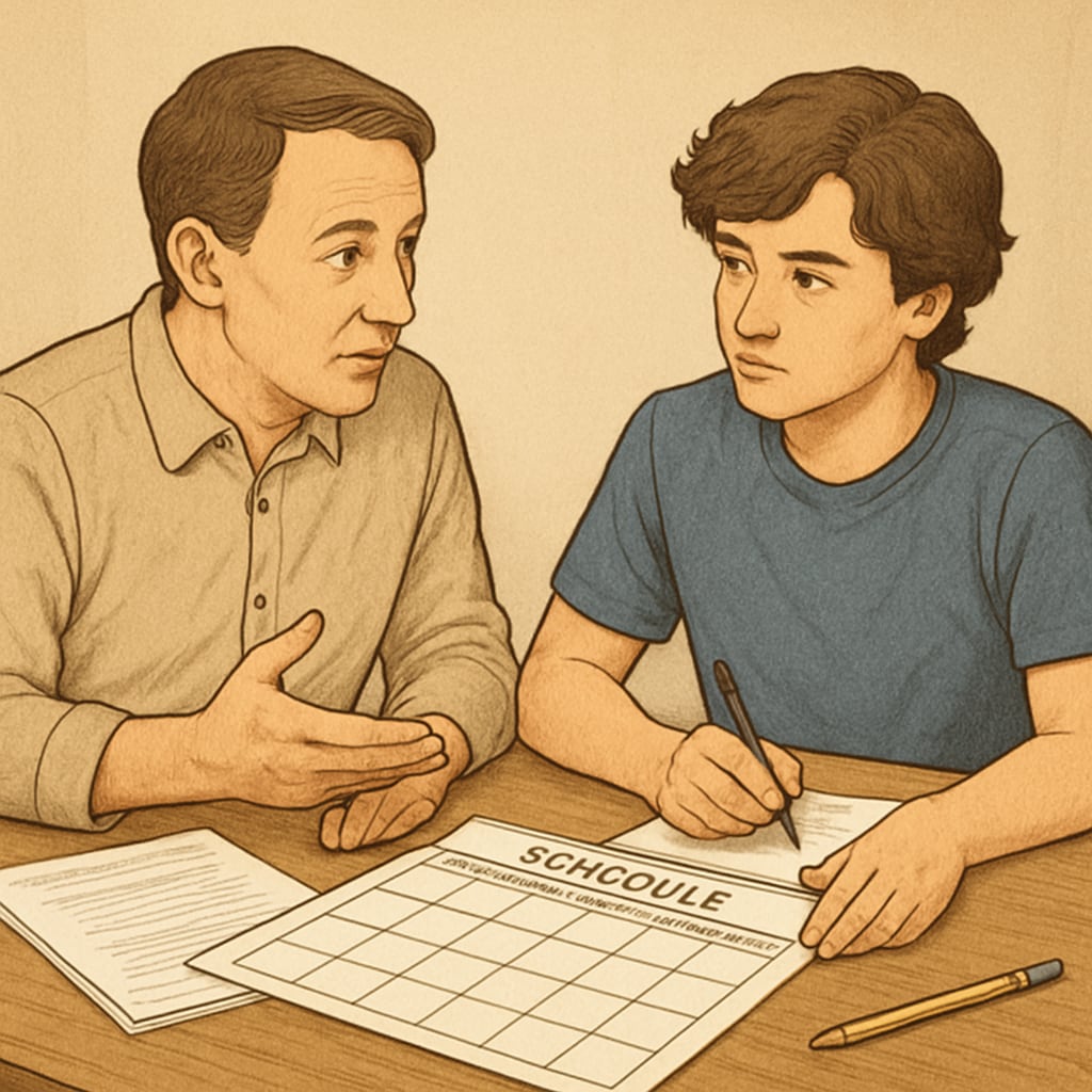 A parent and teen having a discussion at a table, creating a schedule to balance school and work commitments. A parent and teen discussing how to balance school and part-time work.
