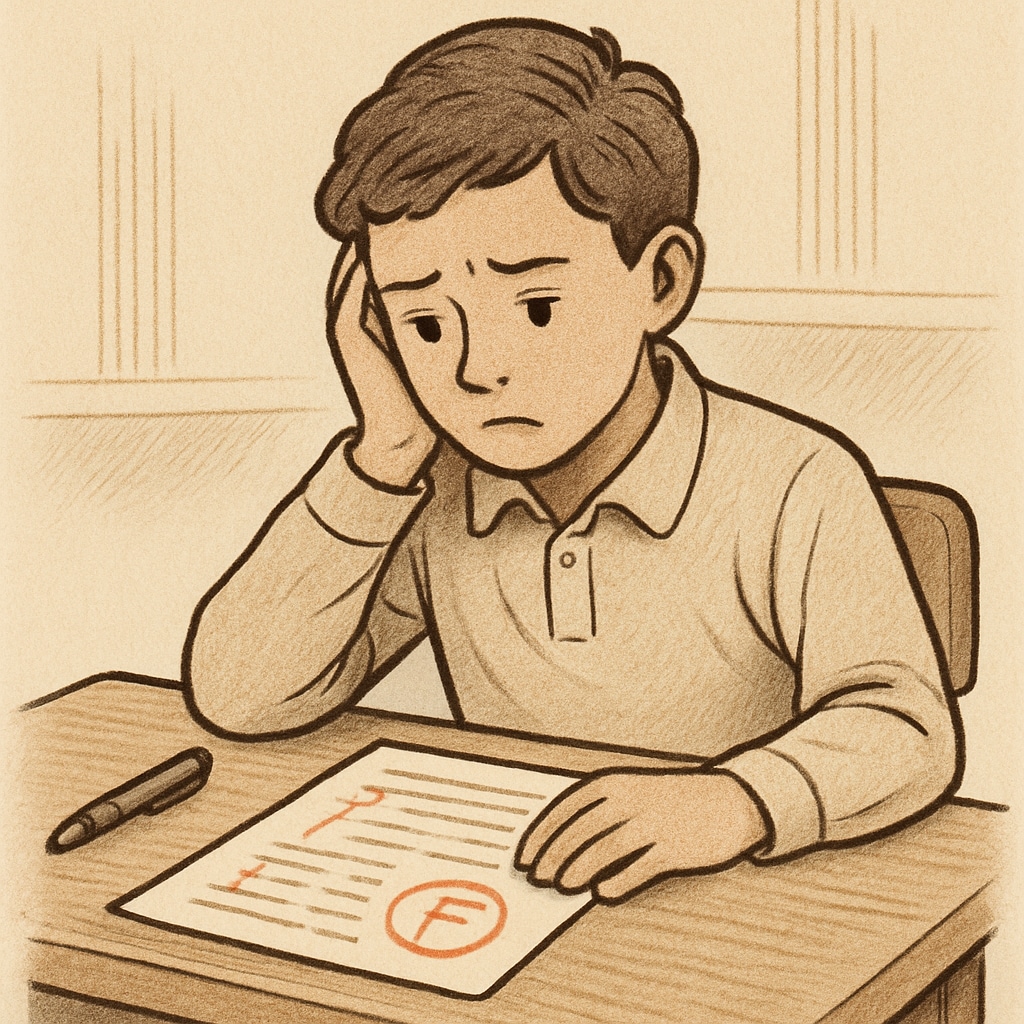 A concerned student sitting at their desk, looking at a marked assignment. A student feeling stressed after being accused of plagiarism.