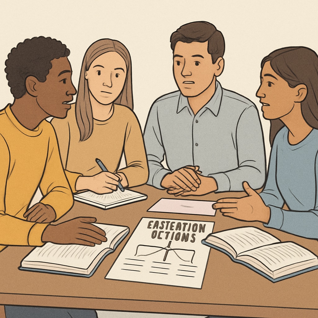 A diverse group of students discussing education options, sitting around a table in a collaborative setting. A-Level exams education choices discussion among students