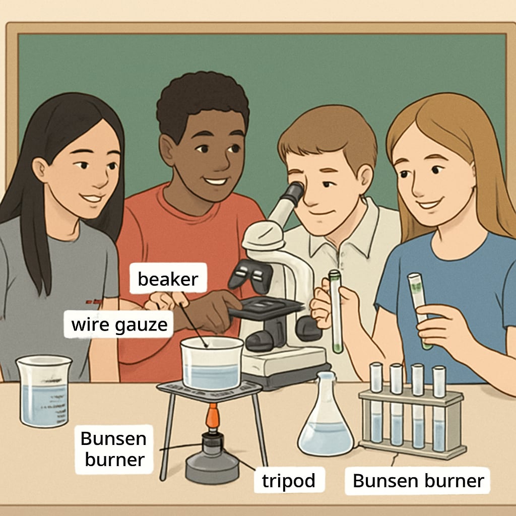 A group of high school students collaboratively conducting a science experiment, with labels and instructions visible to support English learners. High school students conducting a science experiment with visual instructions for English learners.