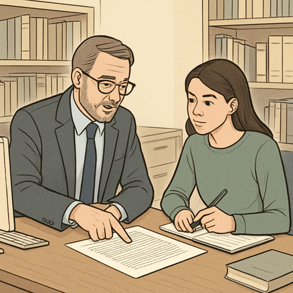 A professor and a student discussing an academic paper in an office setting. A professor and a student reviewing plagiarism concerns together.