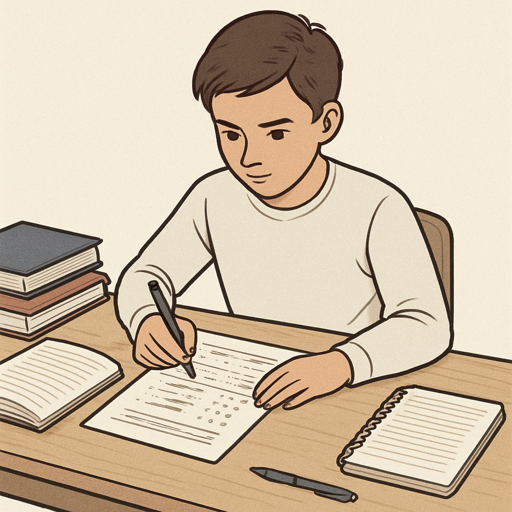A student sitting at a desk with exam papers, looking determined and focused on their studies. A-Level exam retake preparation by a dedicated student