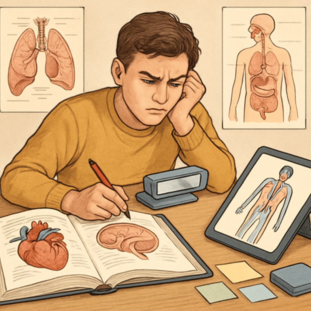 A determined student studying medical textbooks with visible learning aids, such as visual diagrams and assistive technology, symbolizing resilience and adaptability. Student with learning difficulties using aids to pursue medical dreams.