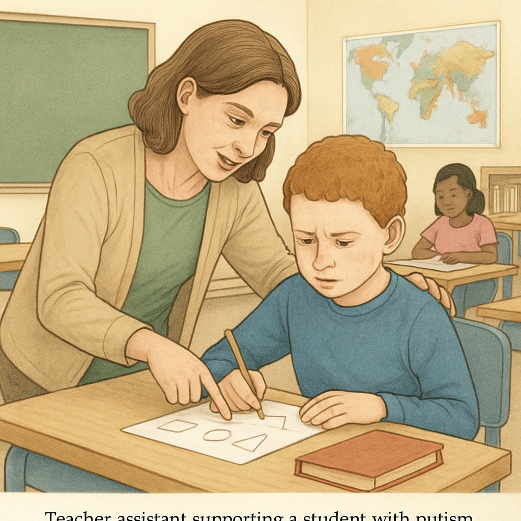 A teacher assistant helping a student with autism during a classroom activity. Autism teacher assistant helping a student with special needs in the classroom.