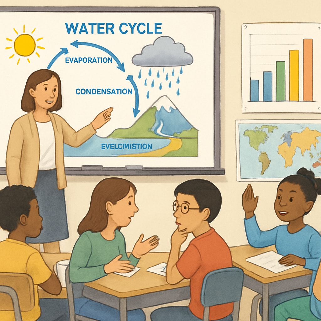 A diverse classroom environment showing students engaged in visual aids, group discussions, and interactive activities, representing inclusive teaching methods. Inclusive classroom promoting diverse learning styles.