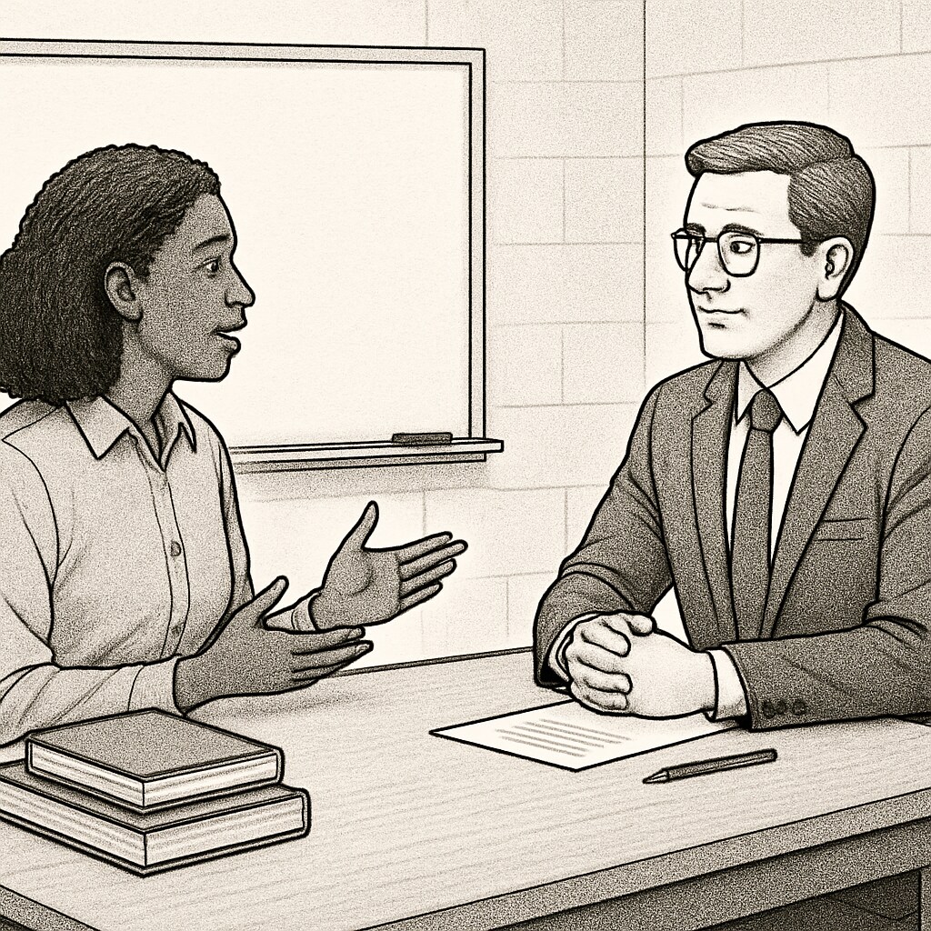An interview setting with a candidate discussing experiences in special education. Candidate preparing for a special education interview with focus on autism.