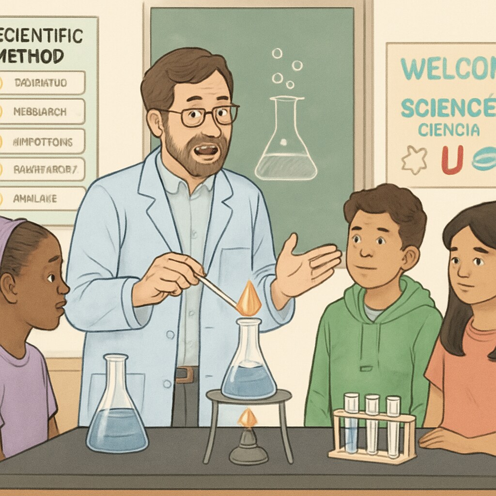 A high school science teacher explaining an experiment to a diverse group of students, emphasizing inclusivity and language support. High school science teacher assisting English learners during a science experiment.