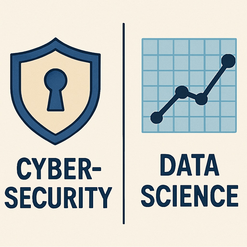 A graphic comparing the fields of cybersecurity and data science, such as a shield representing cybersecurity and a graph symbolizing data science. A comparison of cybersecurity and data science engineering career paths.