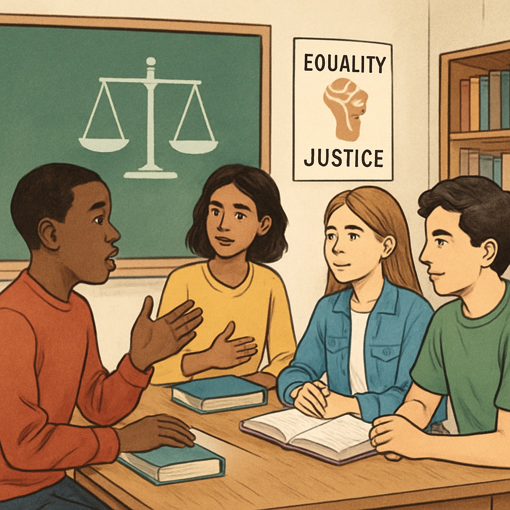 Students engaged in a group discussion about equality and justice in a classroom, emphasizing balanced perspectives. Students discussing equality and justice in a classroom setting.