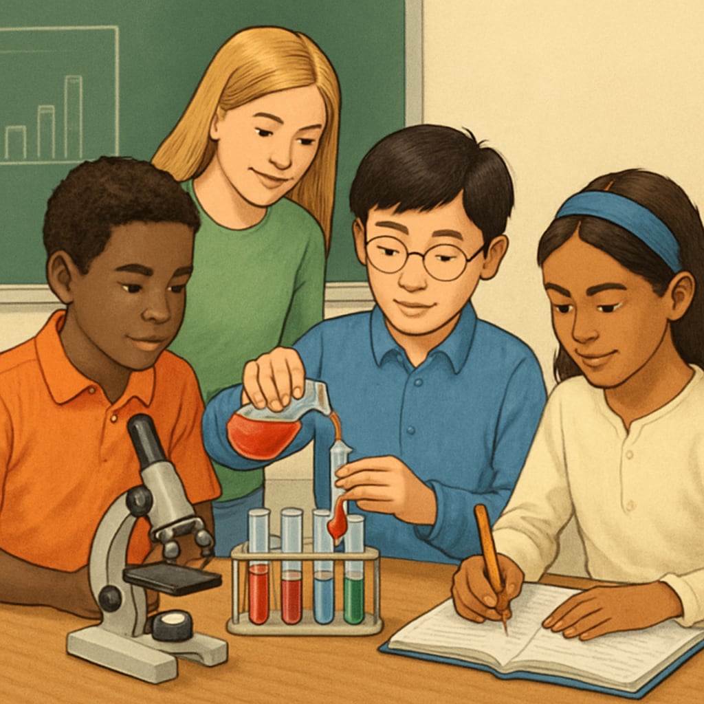A diverse group of students working together with science equipment, showcasing collaboration and differentiated instruction. Students collaborating in a differentiated science classroom setting.