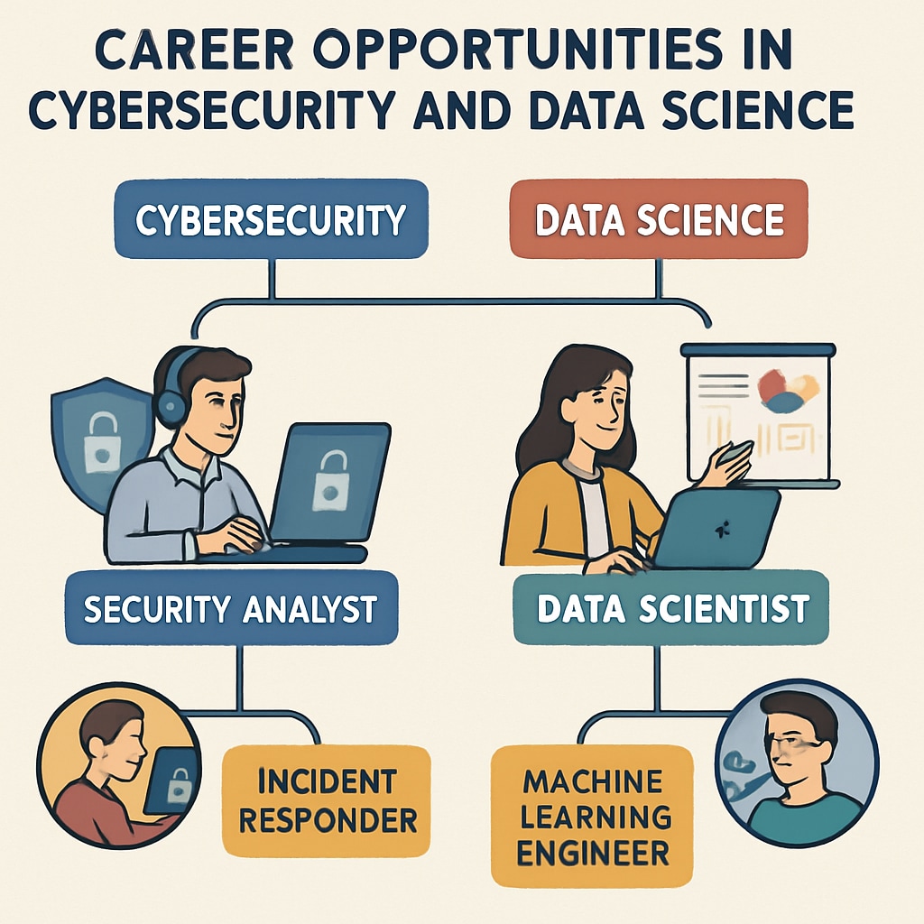 A futuristic illustration showcasing career opportunities in cybersecurity and data science, with branching paths to roles like security analyst and data scientist. Career opportunities in cybersecurity and data science for students.