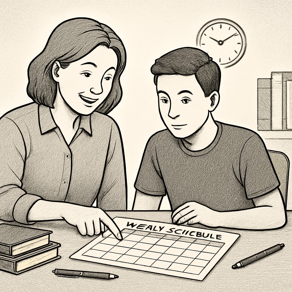 A parent discussing a weekly schedule with their high school-aged child, emphasizing the importance of planning. The image highlights the collaborative effort between parents and teenagers. Parent and high school student creating a weekly schedule to balance work and academic responsibilities.
