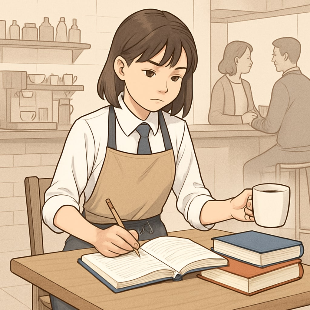 A high school student working at a café, balancing work and studies. The image conveys the concept of teenagers managing responsibilities. High school student working at a café while balancing studies.