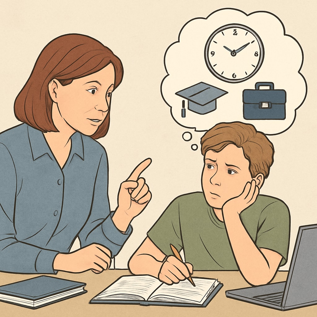 A parent discussing time management with their teenager. The image highlights the importance of parental guidance in balancing academics and work. Parent and teenager discussing time management strategies.