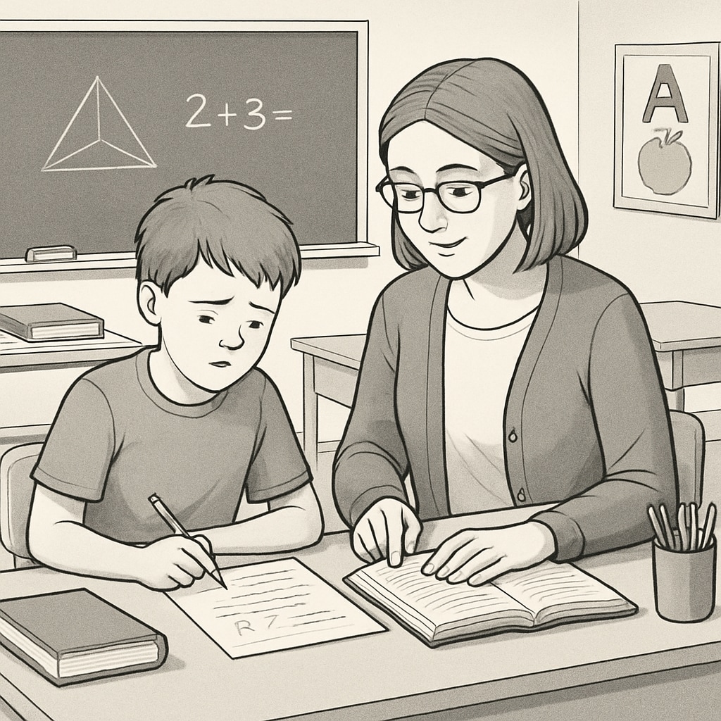 A classroom setting where a student with learning disabilities receives one-on-one support from a tutor. The image highlights the importance of tailored educational strategies. A student with learning disabilities receiving individualized tutorial support in a classroom.