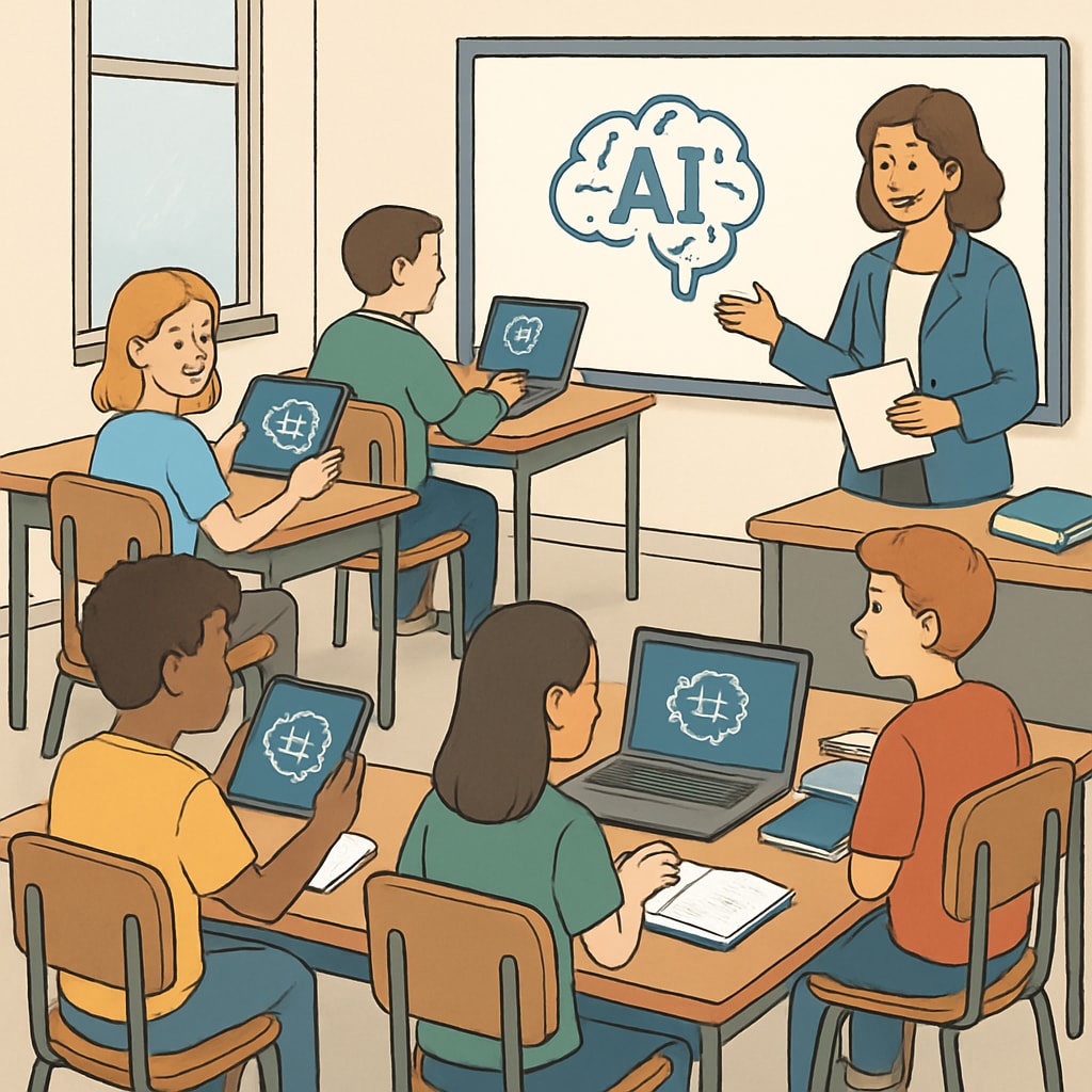 A classroom setting where students are using AI-powered tools during their studies, emphasizing the integration of technology in education. Students using AI tools in a classroom for education and learning.