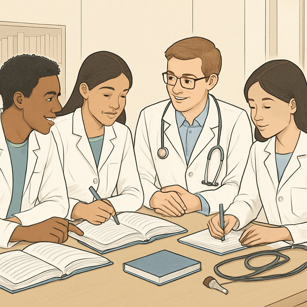 A group of diverse medical students collaborating in a classroom environment, emphasizing inclusivity and peer support in education. Diverse medical students collaborating, showcasing inclusivity for those with learning disabilities.