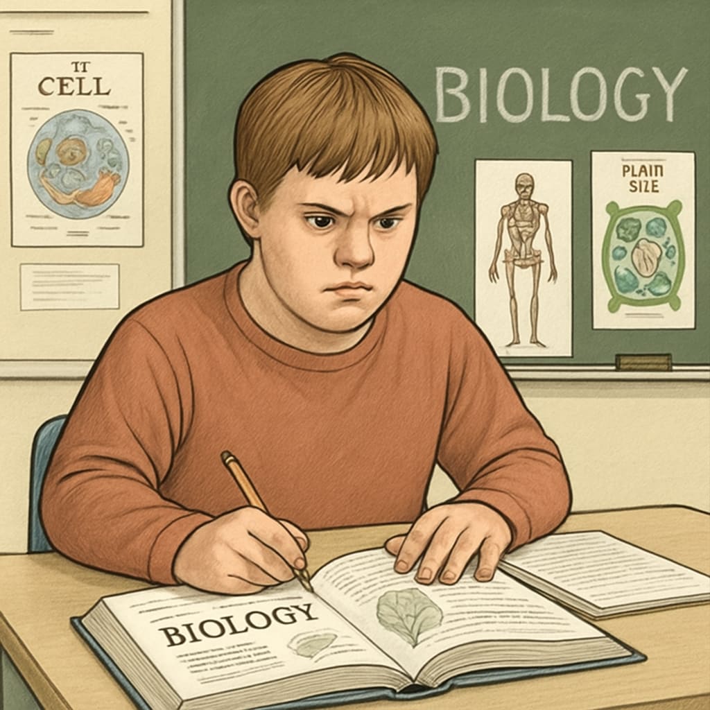 A student with learning challenges studying biology in a classroom, showcasing determination and focus. A student with learning challenges focusing on biology in the classroom.