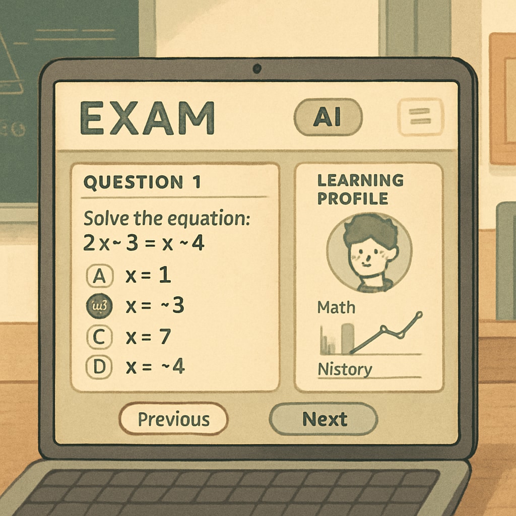 An interactive AI-driven exam interface showing personalized questions tailored to a student’s learning profile. AI-driven exam interface displaying personalized questions for education reform.
