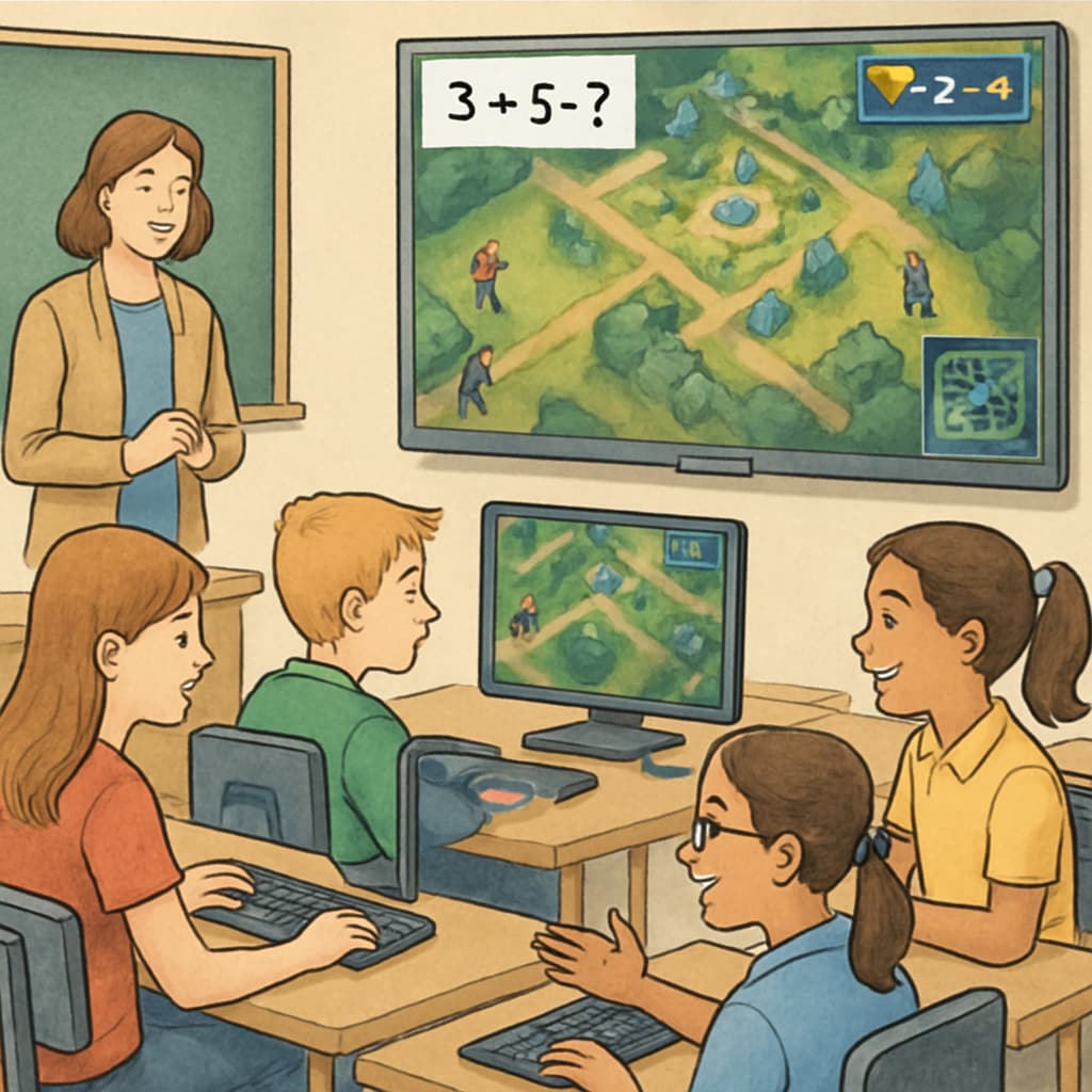 A classroom of students engaging with educational esports software, demonstrating the fusion of learning and gaming. Students using esports-based educational tools in a classroom setting.