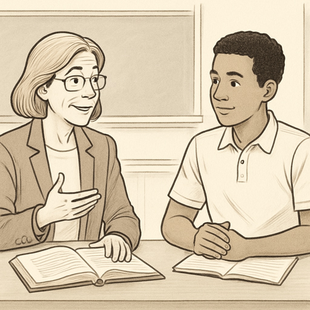 A mentor discussing medical career pathways with a student, emphasizing support and encouragement. A mentor guiding a student with learning difficulties toward a medical career.
