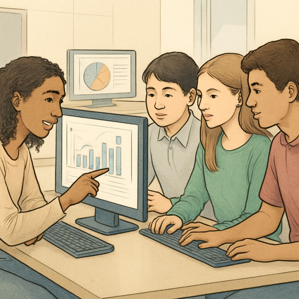 High school students collaborating on a data science project, representing STEM education.