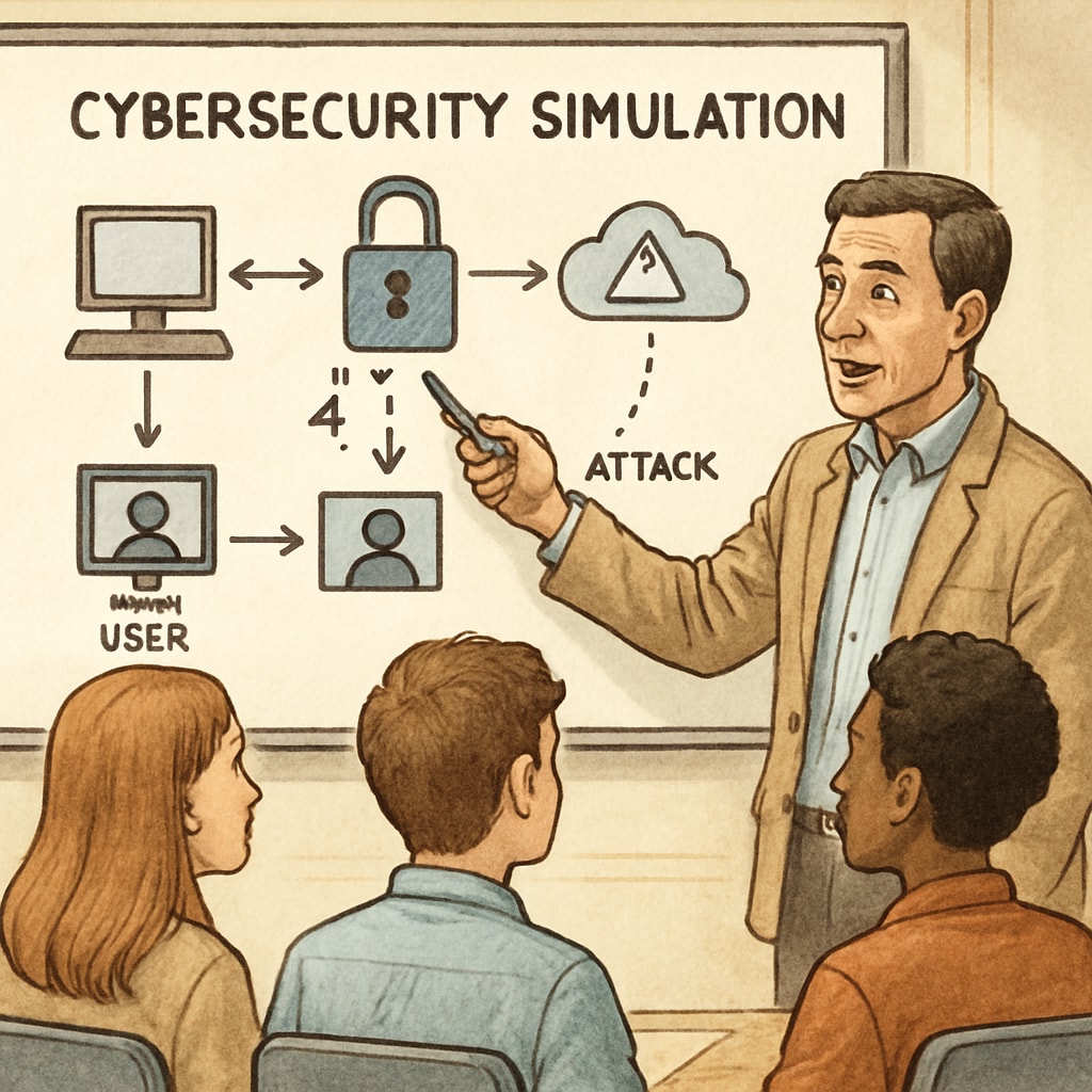 Teacher leading a cybersecurity exercise while students observe, emphasizing K12 education's role.