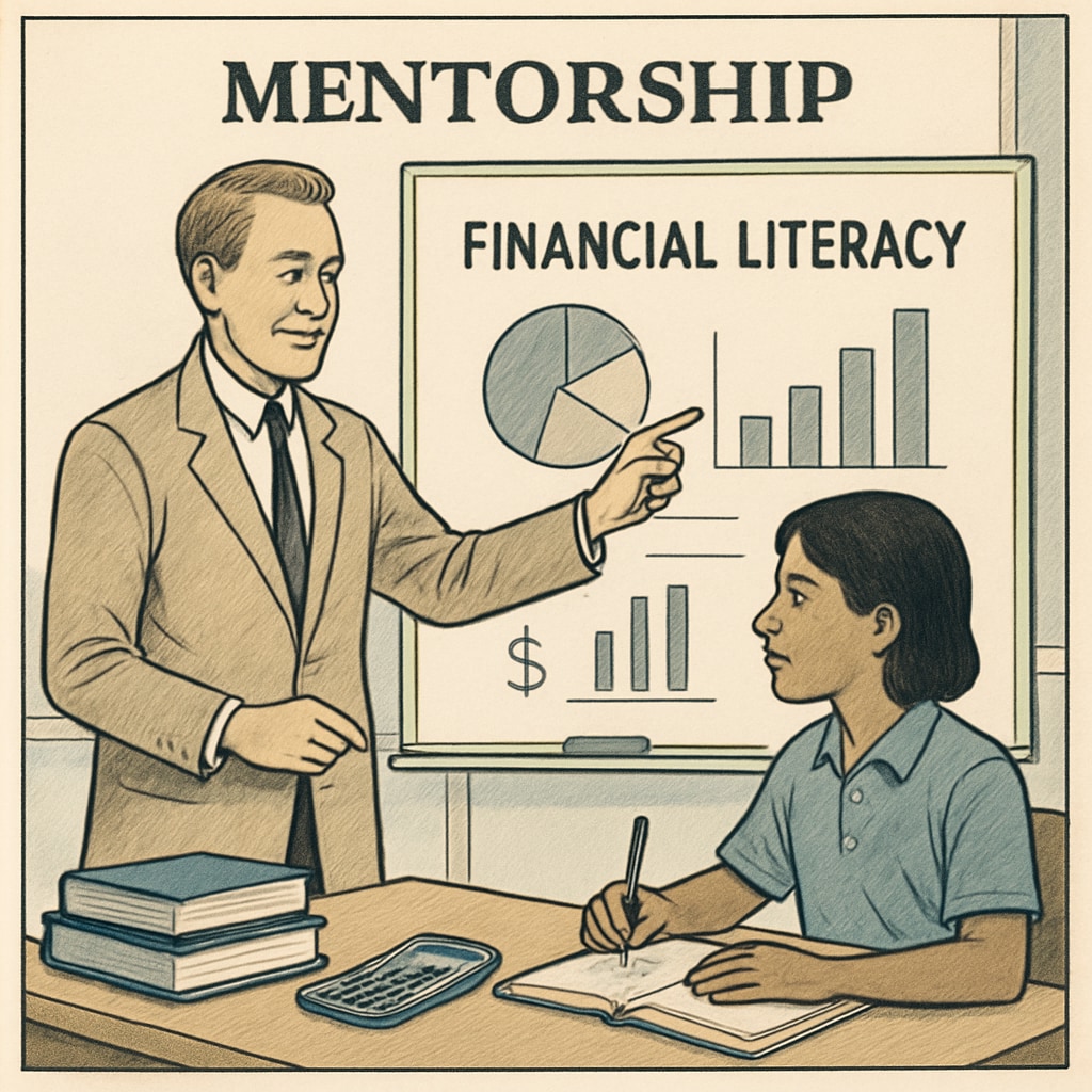 A mentor guiding a student through a financial literacy module, showcasing the importance of mentorship in career development. A mentor teaching financial literacy to a student, emphasizing career development.