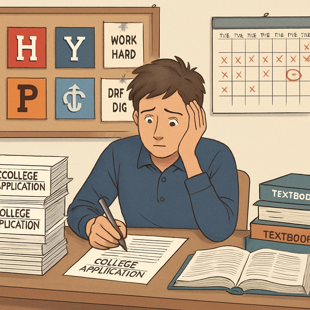 A high school student overwhelmed by college applications, symbolizing the pressure of Ivy League aspirations. High school student stressed about Ivy League college applications.