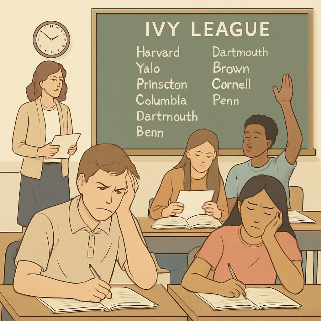 High school students in a classroom, symbolizing the pressure of Ivy League aspirations on K-12 education. High school students facing pressure to meet Ivy League standards.