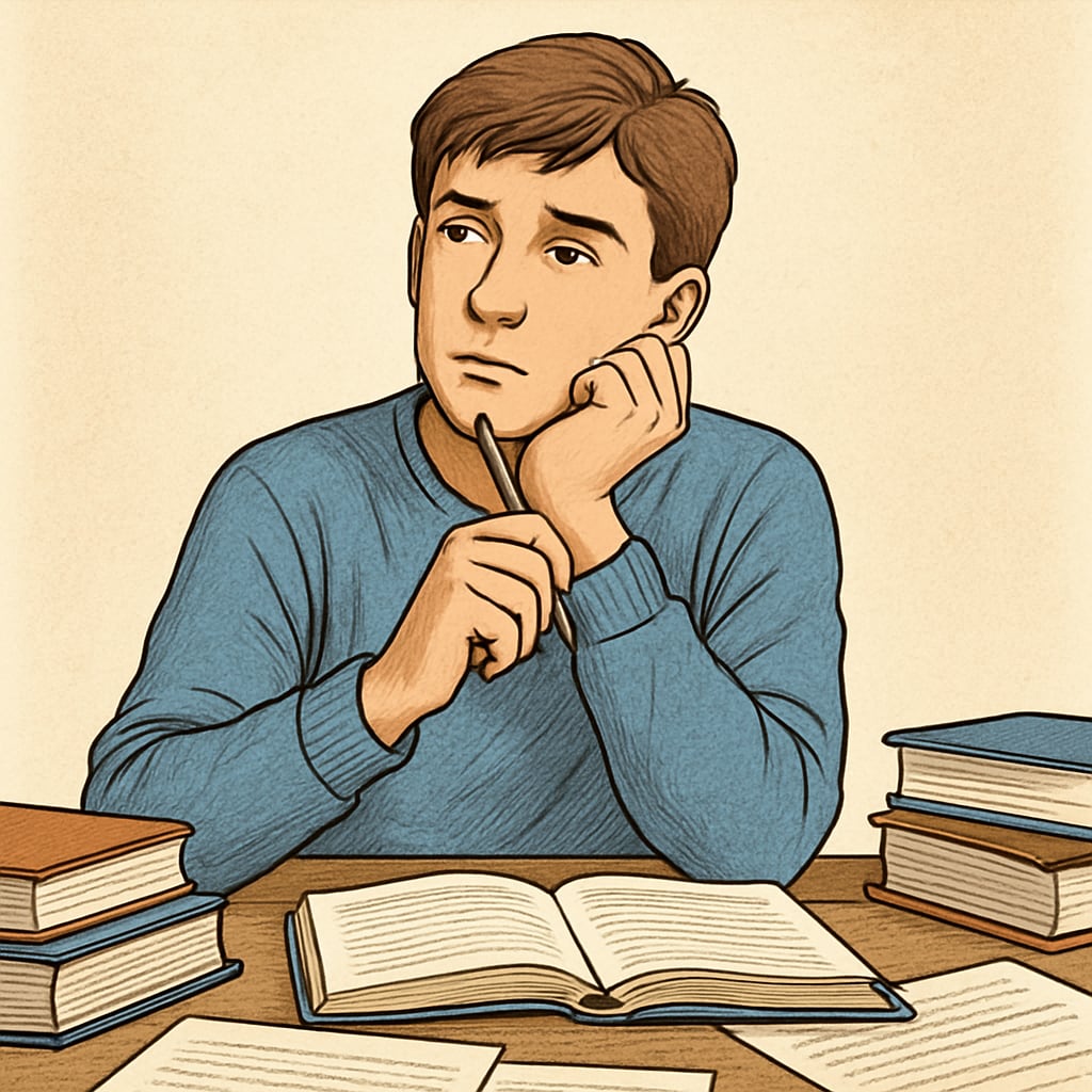 A thoughtful student sitting at a desk, reflecting on past decisions. The image symbolizes self-reflection and the emotional journey of reconsidering educational choices. A student reflecting on their modified high school diploma and its implications.