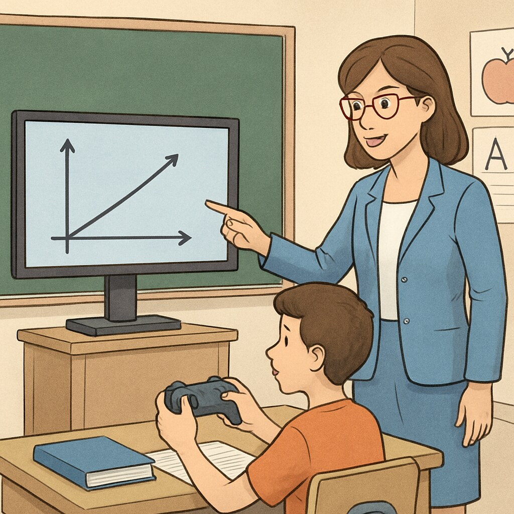 A student playing a video game in a classroom setting, with a teacher guiding their learning. Student learning through video games with teacher guidance in esports education.