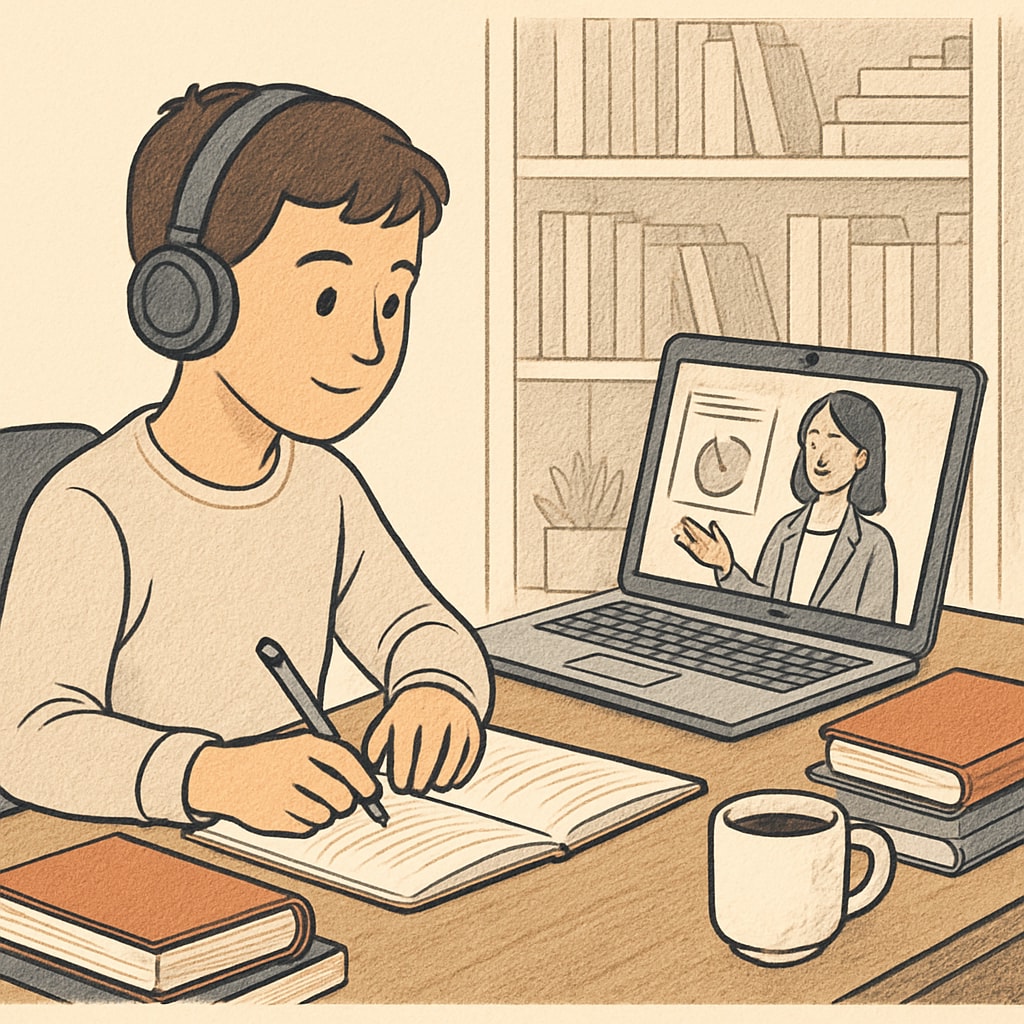 A student attending an online class, engaging in self-improvement through digital learning. The image highlights opportunities for growth through modern technology. A student improving their skills via online education platforms.