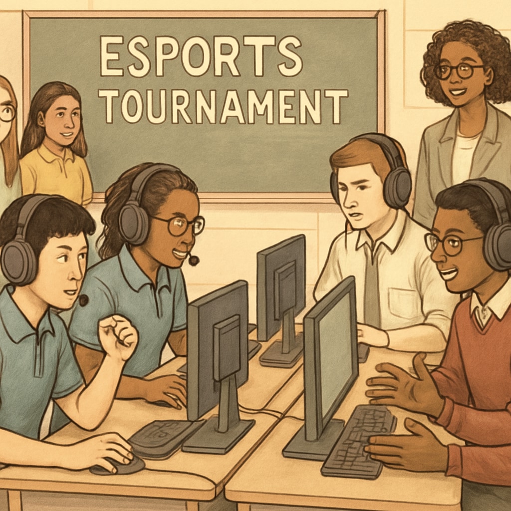 An esports tournament featuring students from different schools, emphasizing teamwork and collaboration. Students from various schools participating in an esports tournament, showcasing teamwork.