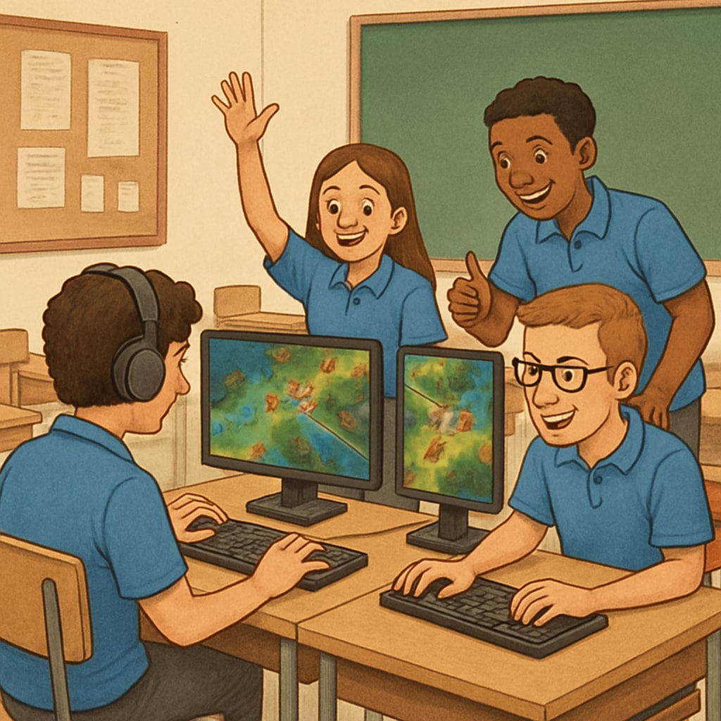 A classroom setting where students engage in a collaborative esports activity, with monitors displaying a competitive game. Students participating in an esports-based learning activity in a classroom.