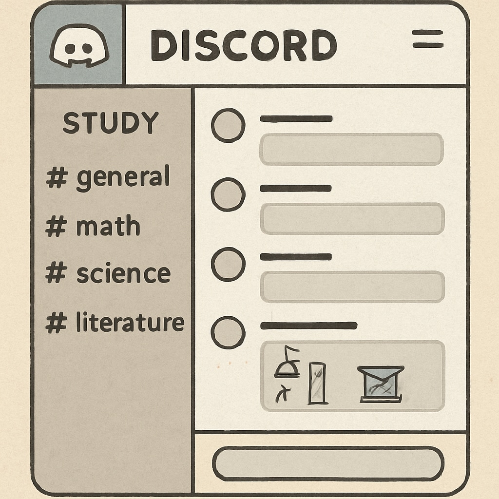 A Discord interface displaying organized study channels dedicated to subjects like Math, Science, and Literature, representing structured virtual collaboration. Discord study channels showcasing organized collaboration for academic learning.