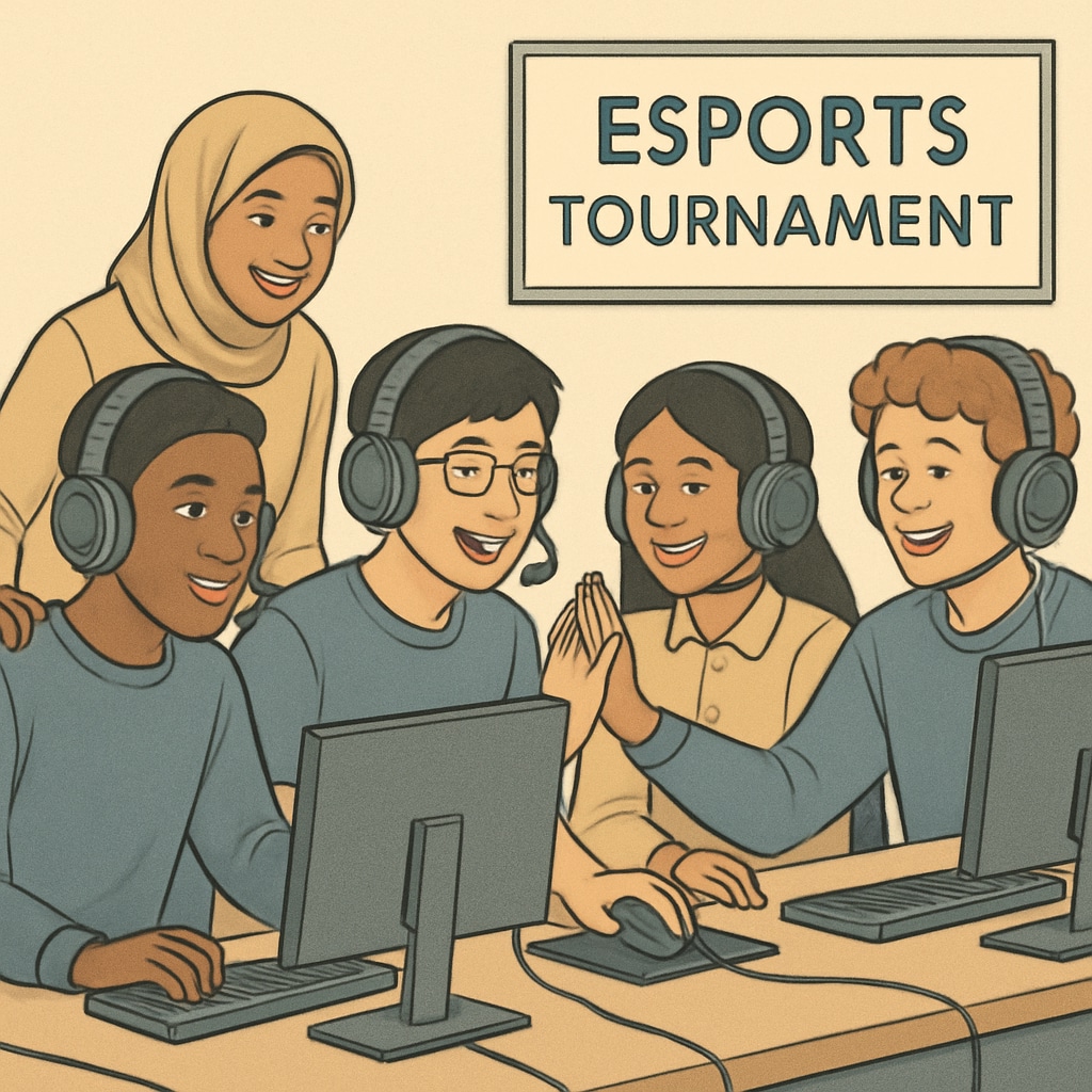 Students from diverse backgrounds participating in an esports tournament, showcasing teamwork and collaboration. Diverse students collaborating during an esports competition, highlighting educational benefits.