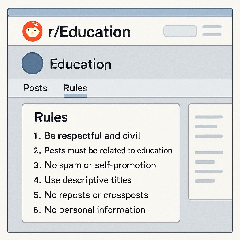 A screenshot or mock-up of Reddit’s r/Education homepage, showing its rules section prominently. Screenshot of Reddit r/Education homepage highlighting community rules.