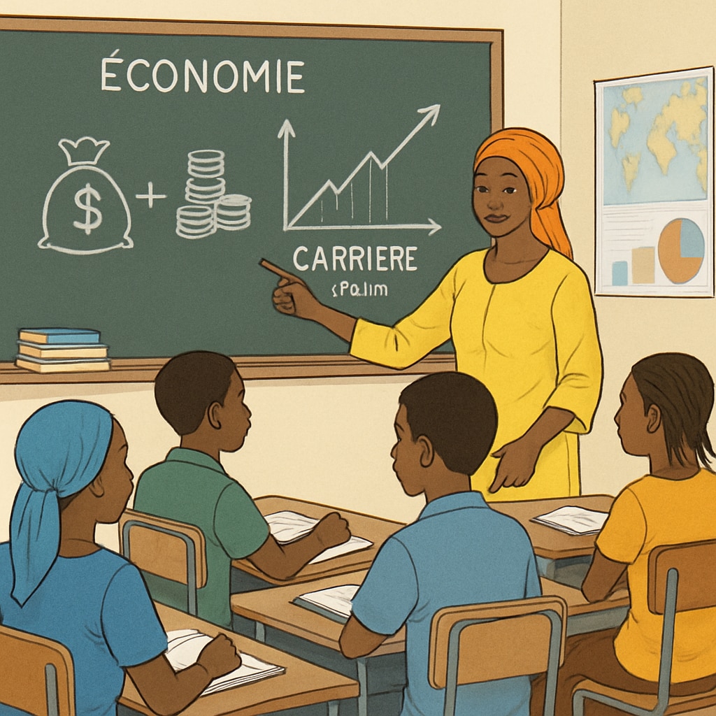 Students in Mali learning financial concepts in a classroom setting, K12 education focus