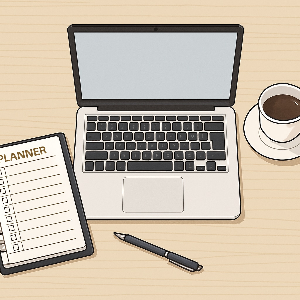 Organized workspace for professionals pursuing continuing education.