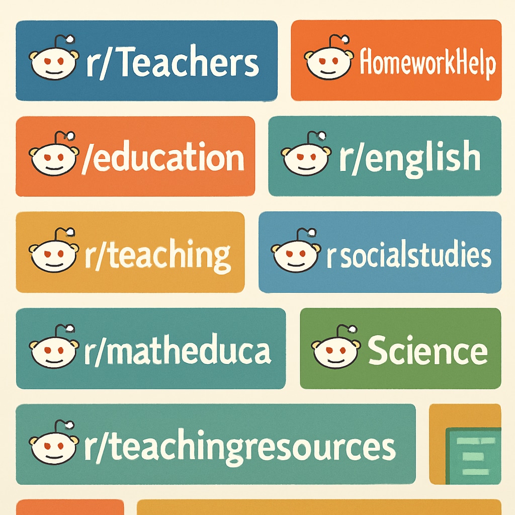 A collage of recognizable subreddit banners or logos, such as r/Teachers and r/HomeworkHelp, to illustrate the variety of K12 resources available. Collage of subreddit banners like r/Teachers and r/HomeworkHelp for K12 resources.