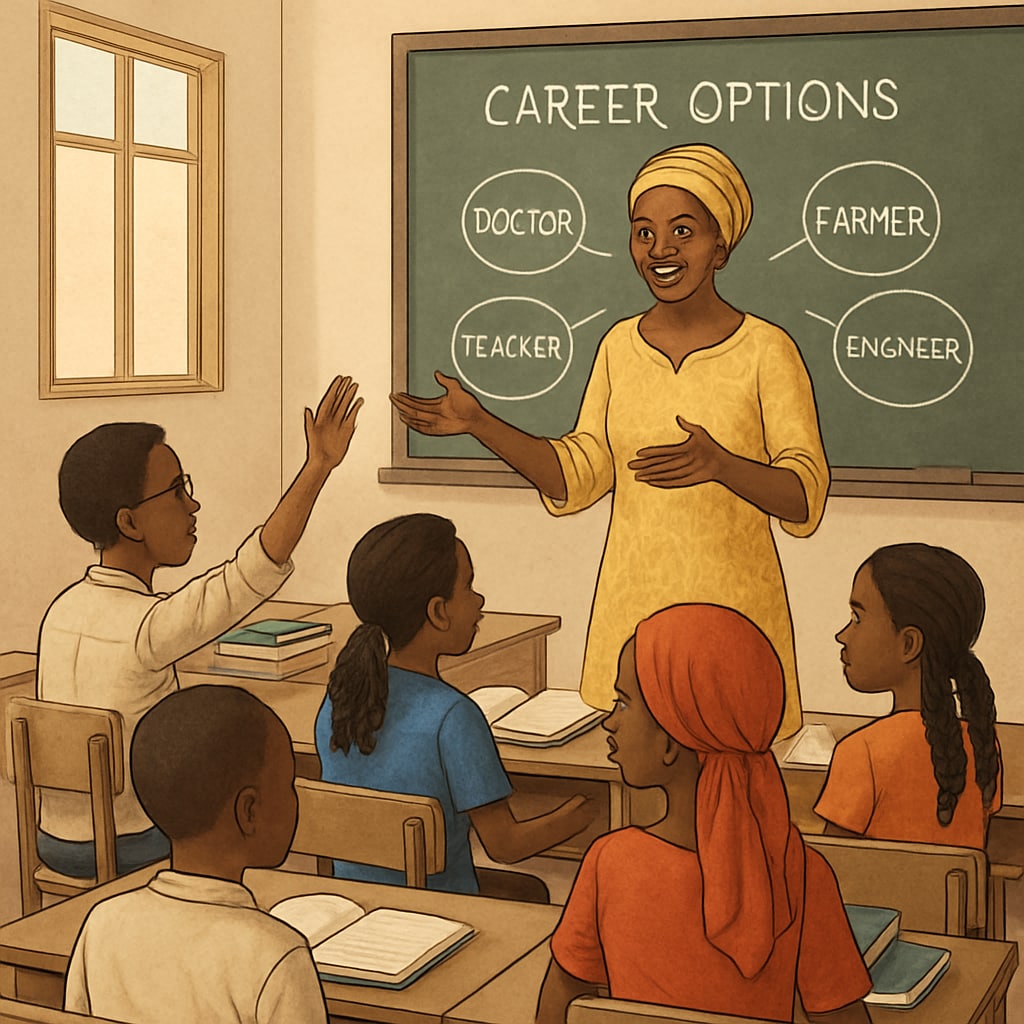 A classroom in Mali with students and a teacher discussing career options, representing the importance of early guidance. Students in a Mali classroom receiving career guidance, emphasizing career planning integration.