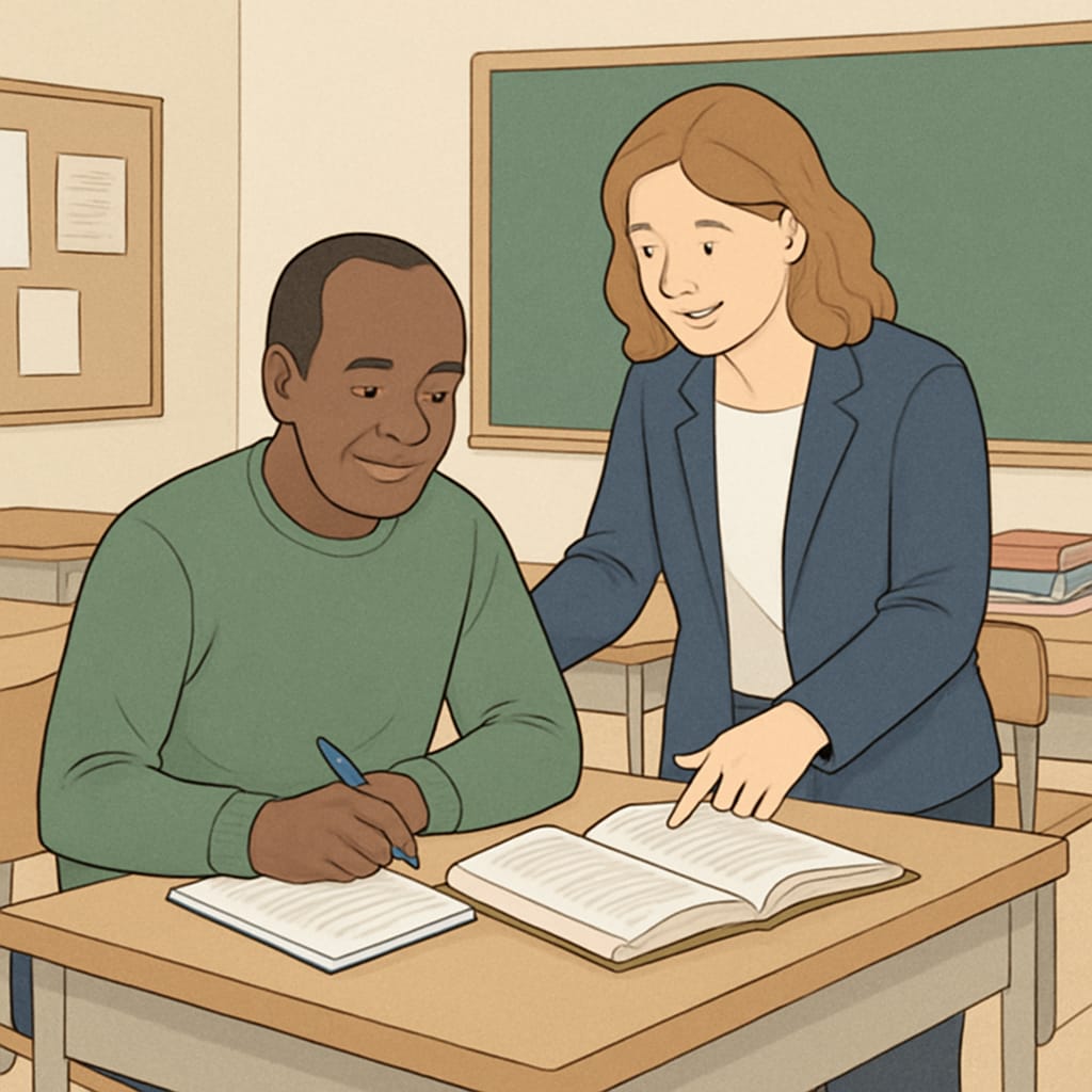 A teacher helping a student rejoin education in the UK after interruption.