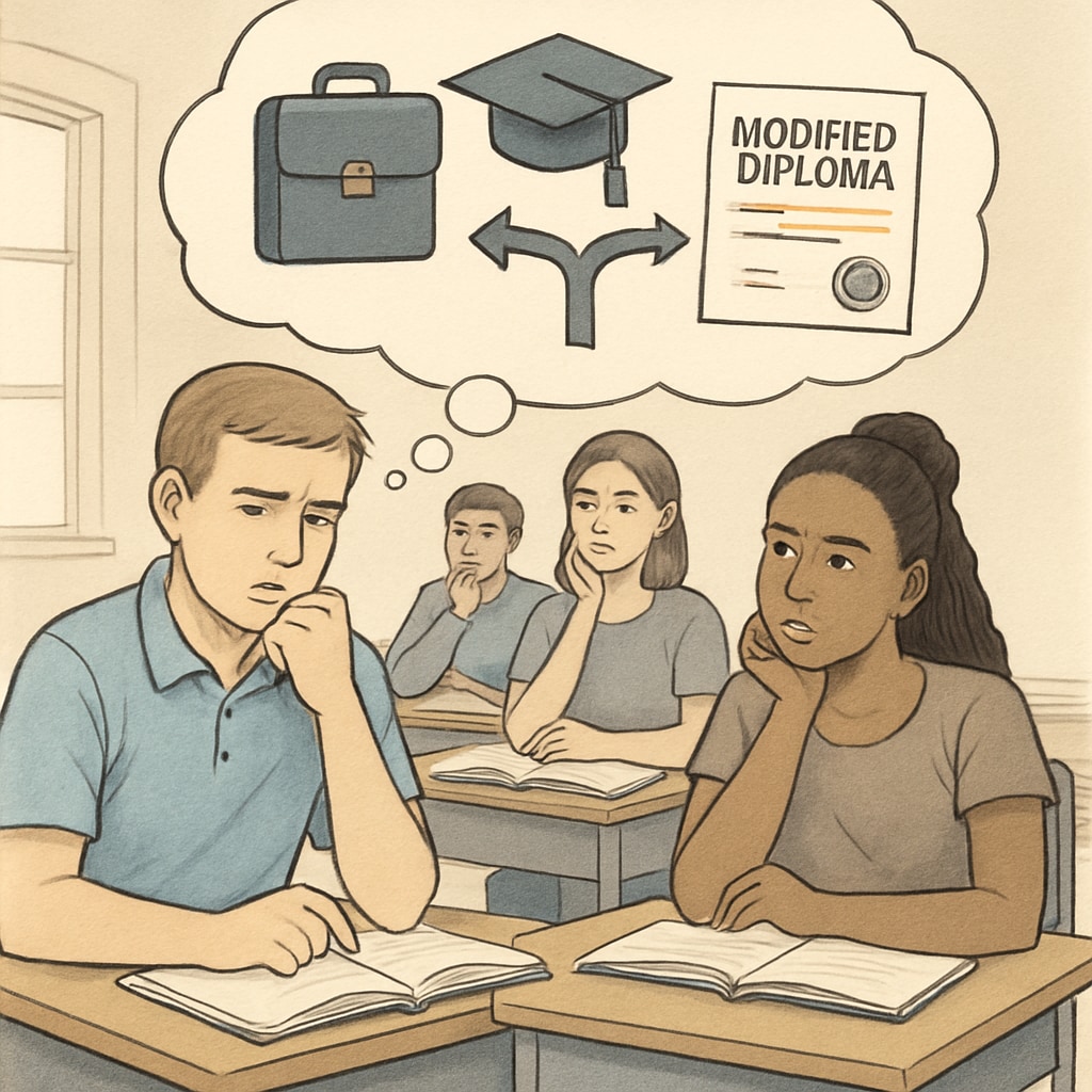 A classroom setting with students reflecting on their educational choices, symbolizing the impact of a modified diploma Students considering educational options with a modified high school diploma
