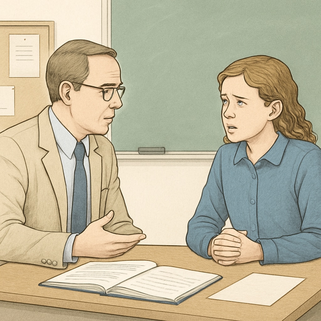 A teacher and student discussing plagiarism accusations in a classroom.