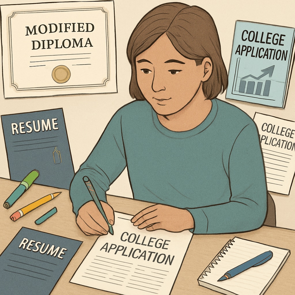 A young adult sitting at a desk with college applications and career planning materials, representing the next steps after a modified diploma Student planning their career and education pathway after graduating with a modified diploma