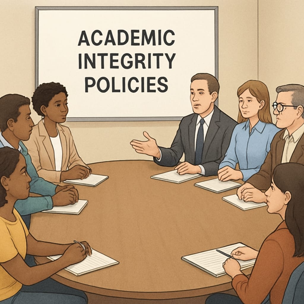 A meeting with educators and students focused on academic integrity policies.
